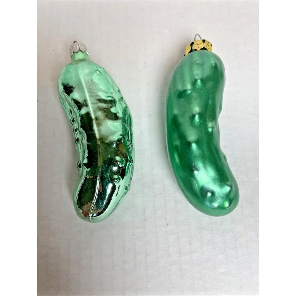 2 Vintage Hand Blown Glass Pickle Ornaments Christmas Holiday